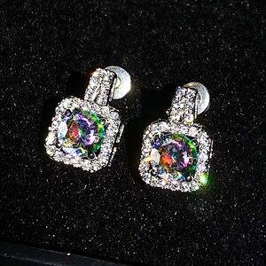 Sterling Silver Mystic Topaz Diamond Halo Stud Earrings